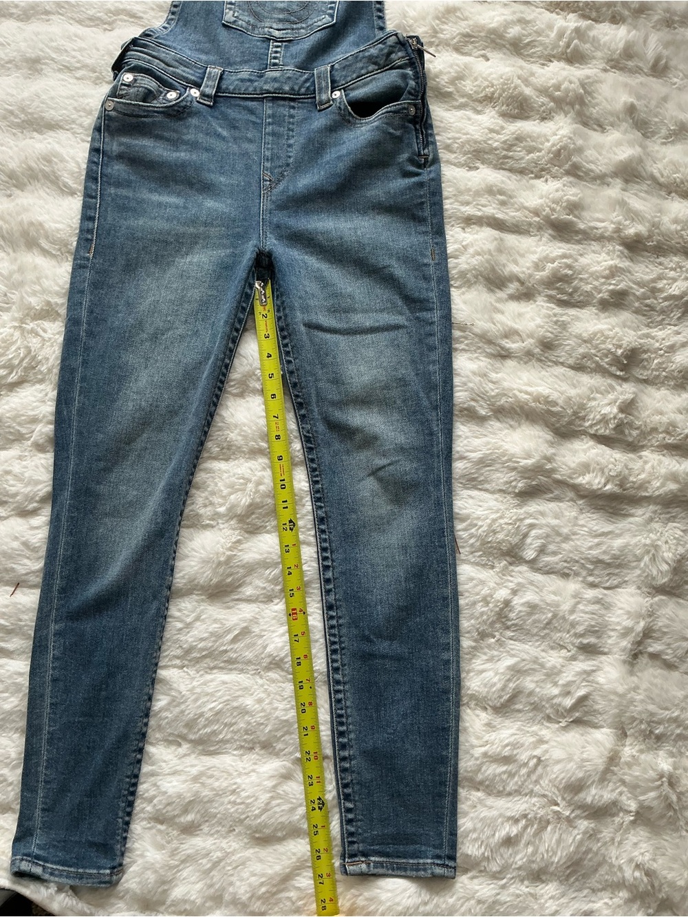 True Religion Blue Denim Overalls with Maroon Branded Straps - Picture 3 of 9